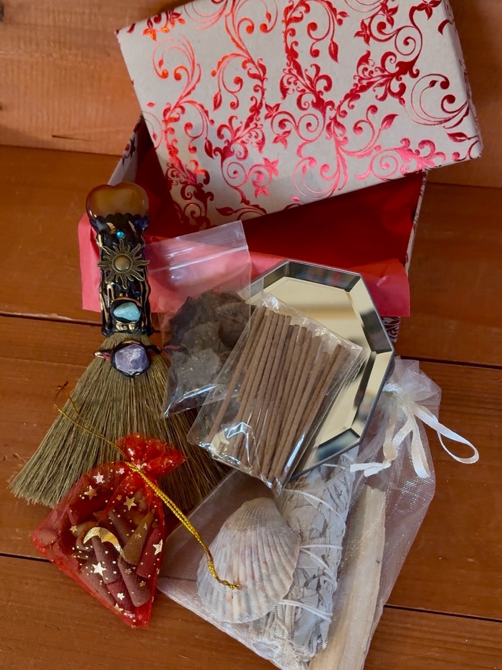 Gift Set Meditation Kit Broom, Mirror, Black Salt, Sage, Palo Santo & Incense